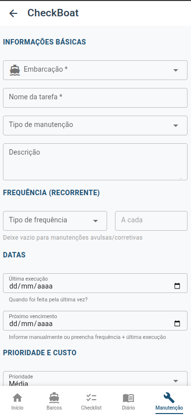 Nova tarefa de manutenção